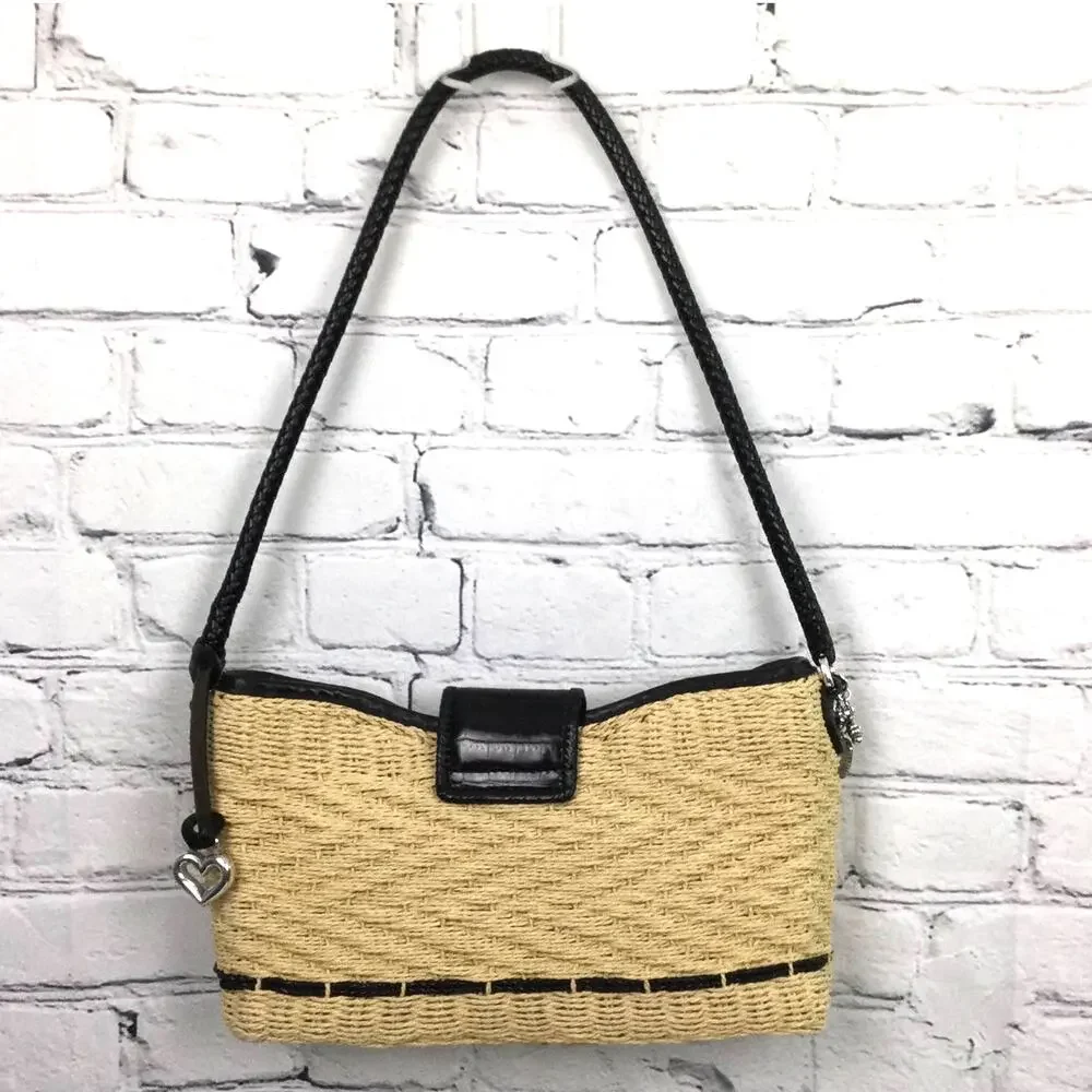 Brighton Cottagecore Cream Woven Straw Black Leather Braided Handle Baguette